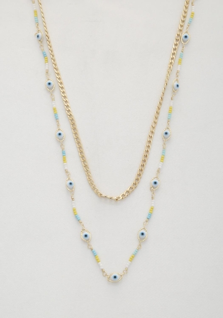 Eye Bead Curb Link Layered Necklace Gold
