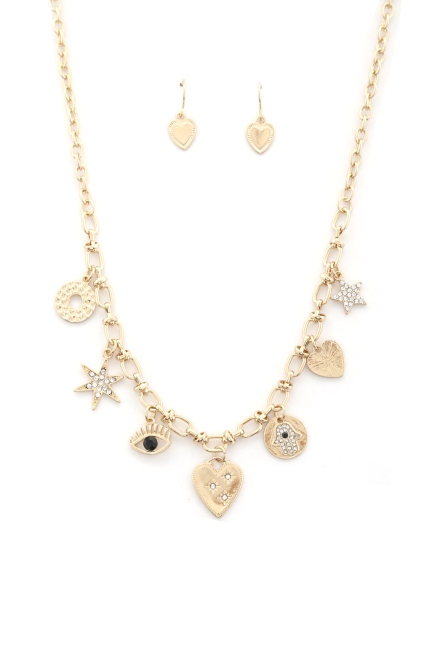 Heart Evil Eye Charm Metal Necklace And Earrings Set Gold