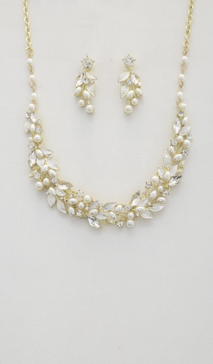 Leaf Pattern Pearl Crystal Necklace And Earrings Set Gold