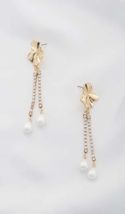 Orgainc Shape Rhinestone Pearl Dangle Earrings Gold