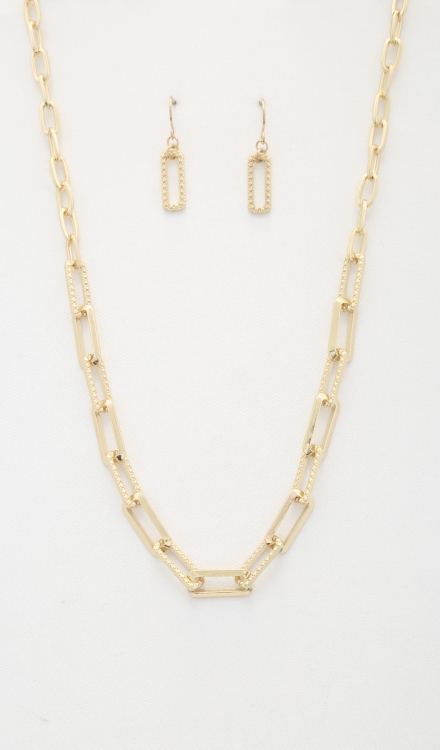 Paperclip Link Metal Necklace And Earrings Set Gold