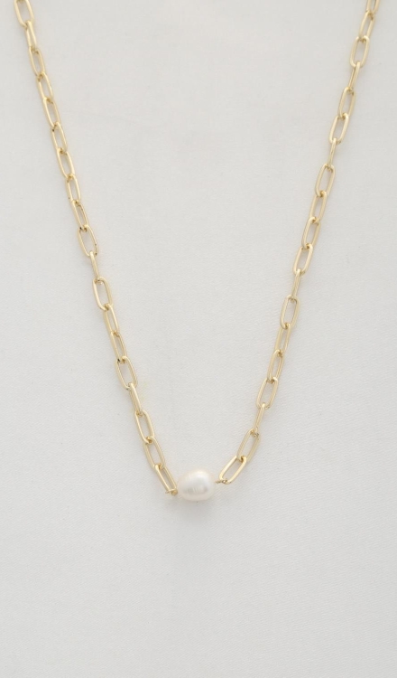 Pearl Bead Oval Link Necklace Gold