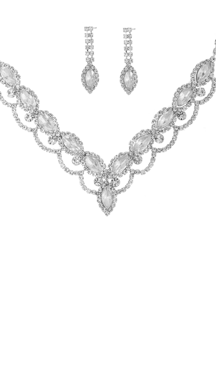 Rhinestone Teardrop V Shape Necklace And Earring Set Silver