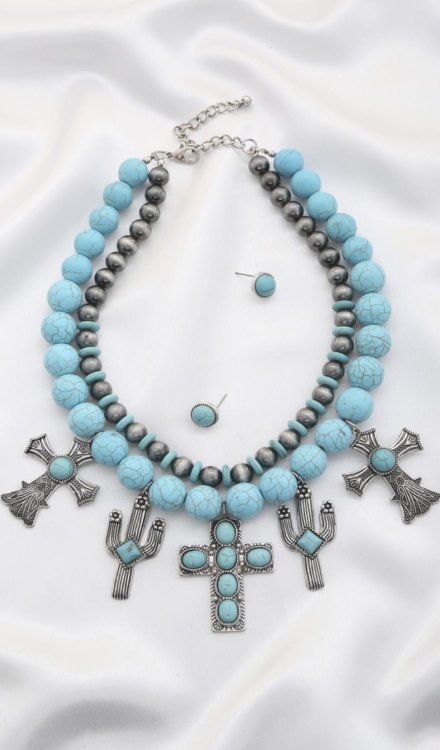 Rodeo Western Cross Pendant Beaded Layered Necklace And Earrings Set Turquoise