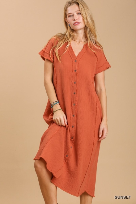 Split neck button down midi dress with no lining Sunset