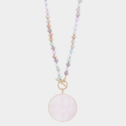Stone Disc Beaded Necklace Pink