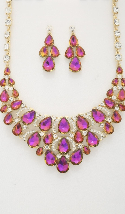Teardrop Crystal Link Necklace And Earrings Purple