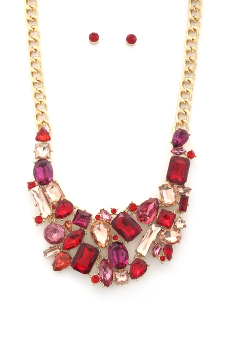 Teardrop Rectangle Shape Rhinestone Statement Necklace And Earrings Set Red